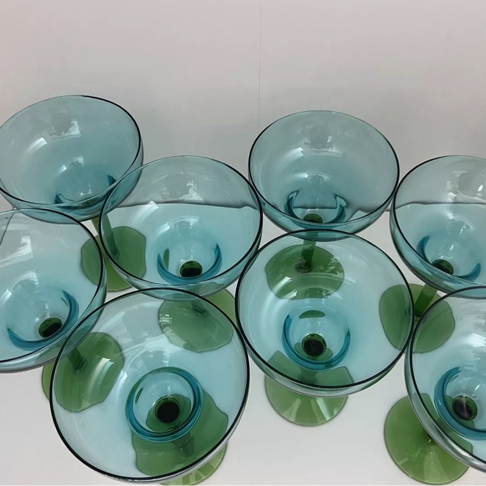 Set of 8 Hand Blown Glass Margarita Glasses with Blue Bowls & Green Stems - Picture 3 of 9